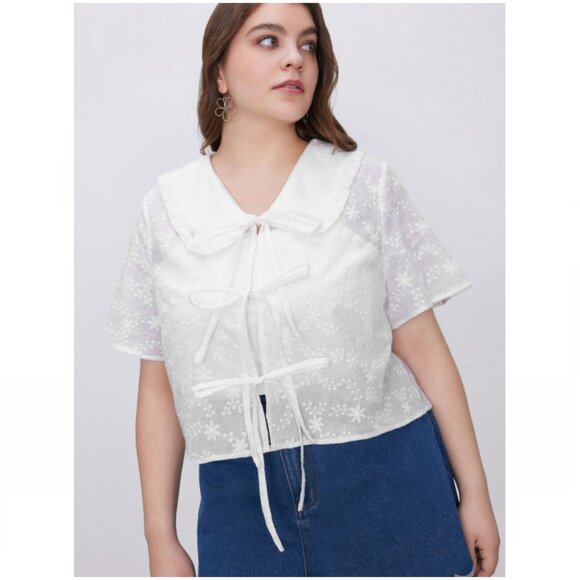Cider Floral Lace Up Crop Short Sleeve Blouse - Picture 1 of 12